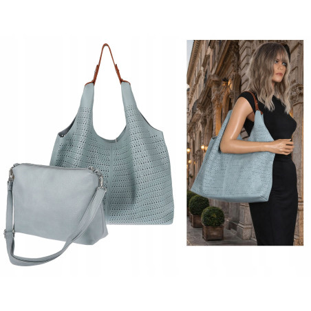 Torebka Damska shopper worek 2w1 listonoszka torba Ażurowa D1901 Niebieska