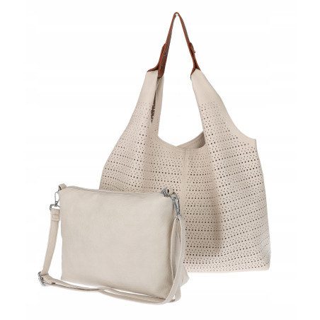 Torebka Damska shopper worek 2w1 listonoszka pojemna Ażurowa D1901 Beżowa