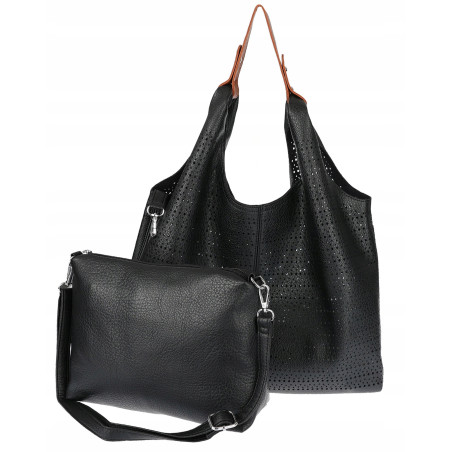 Torebka Damska shopper worek 2w1 listonoszka pojemna Ażurowa D1901 Czarna