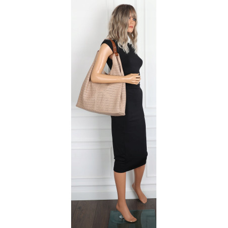 Torebka Damska shopper worek 2w1 listonoszka pojemna Ażurowa D1901 Beżowa