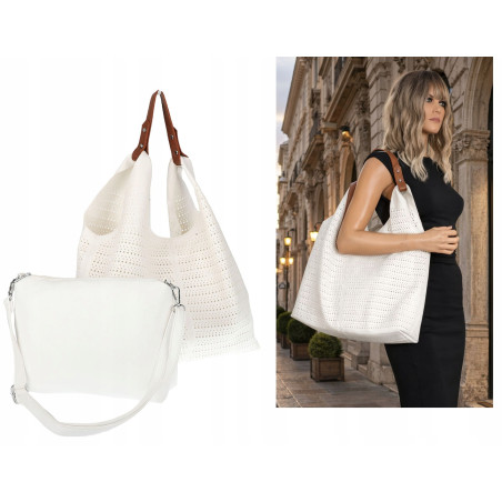 Torebka Damska shopper worek 2w1 listonoszka pojemna Ażurowa D1901 Biała