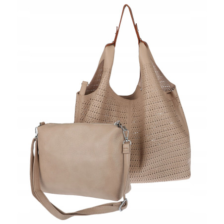Torebka Damska shopper worek 2w1 listonoszka pojemna Ażurowa D1901 Beżowa