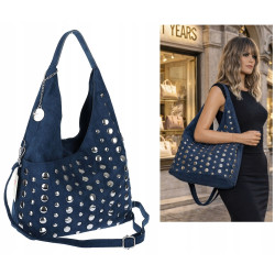 Torebka damska zamszowa worek pojemna na ramię z ćwiekami S8117 Niebieska