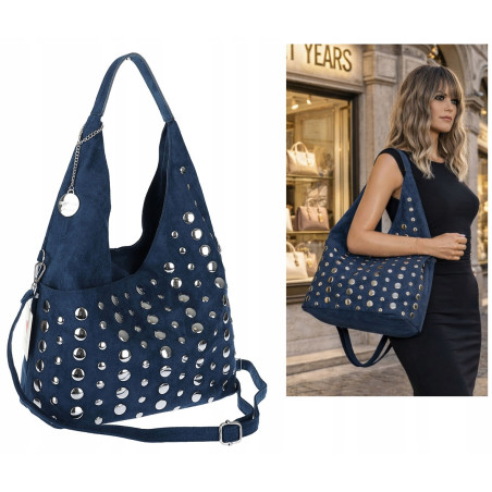 Torebka damska zamszowa worek pojemna na ramię z ćwiekami S8117 Niebieska