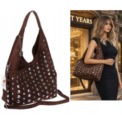 Torebka damska zamszowa worek pojemna na ramię z ćwiekami S8117 Czekoladowa