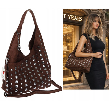 Torebka damska zamszowa worek pojemna na ramię z ćwiekami S8117 Czekoladowa