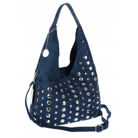 Torebka damska zamszowa worek pojemna na ramię z ćwiekami S8117 Niebieska