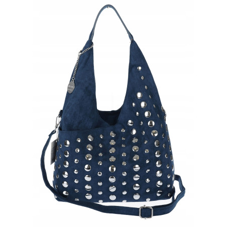 Torebka damska zamszowa worek pojemna na ramię z ćwiekami S8117 Niebieska