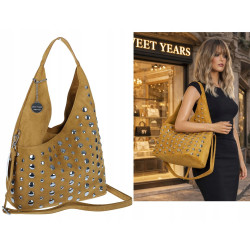 Torebka damska zamszowa worek pojemna A4 na ramię z ćwiekami S8117 Żółta