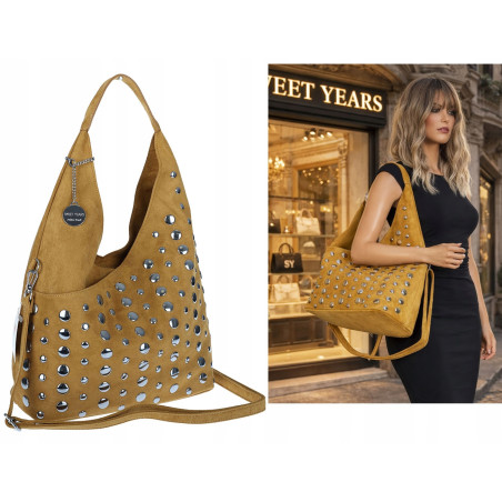 Torebka damska zamszowa worek pojemna A4 na ramię z ćwiekami S8117 Żółta