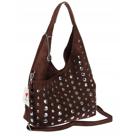 Torebka damska zamszowa worek pojemna na ramię z ćwiekami S8117 Czekoladowa