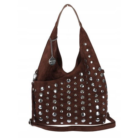 Torebka damska zamszowa worek pojemna na ramię z ćwiekami S8117 Czekoladowa