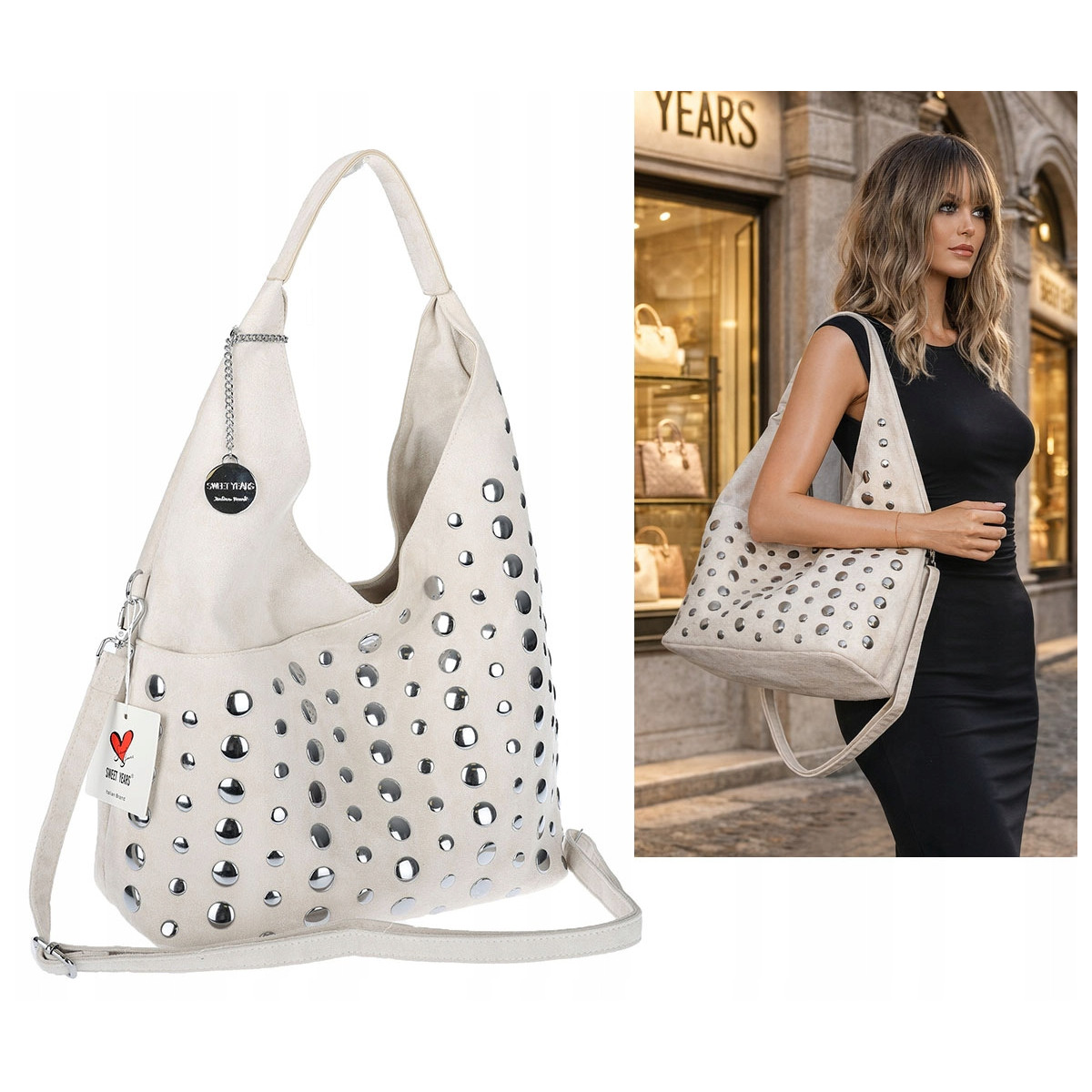 Torebka damska zamszowa worek pojemna A4 na ramię z ćwiekami S8117 Beżowa