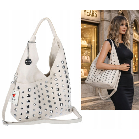 Torebka damska zamszowa worek pojemna A4 na ramię z ćwiekami S8117 Beżowa