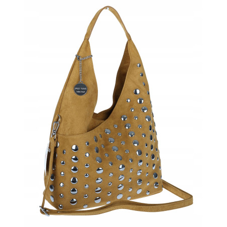 Torebka damska zamszowa worek pojemna A4 na ramię z ćwiekami S8117 Żółta