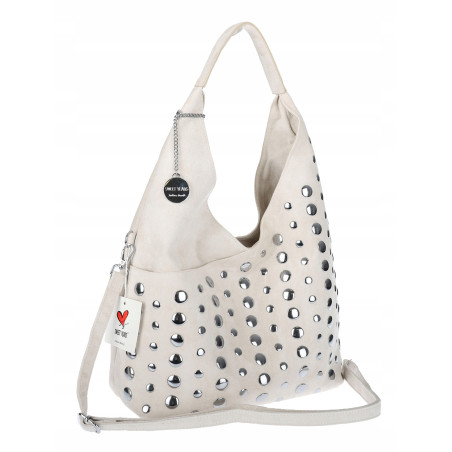 Torebka damska zamszowa worek pojemna A4 na ramię z ćwiekami S8117 Beżowa