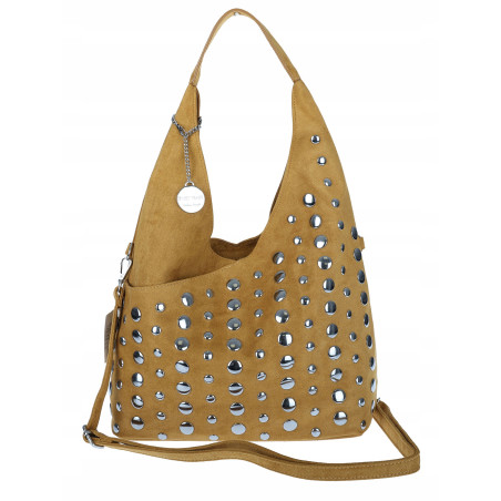 Torebka damska zamszowa worek pojemna A4 na ramię z ćwiekami S8117 Żółta