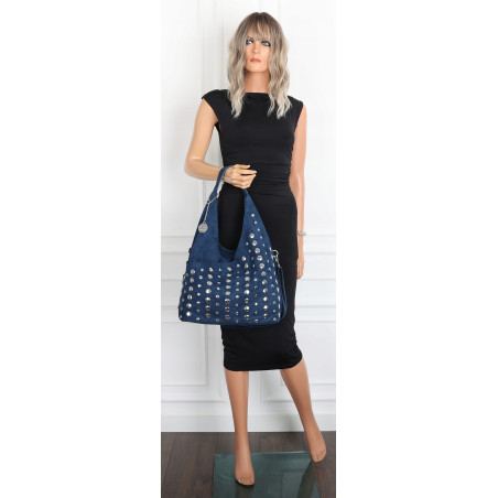 Torebka damska zamszowa worek pojemna na ramię z ćwiekami S8117 Niebieska