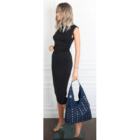 Torebka damska zamszowa worek pojemna na ramię z ćwiekami S8117 Niebieska