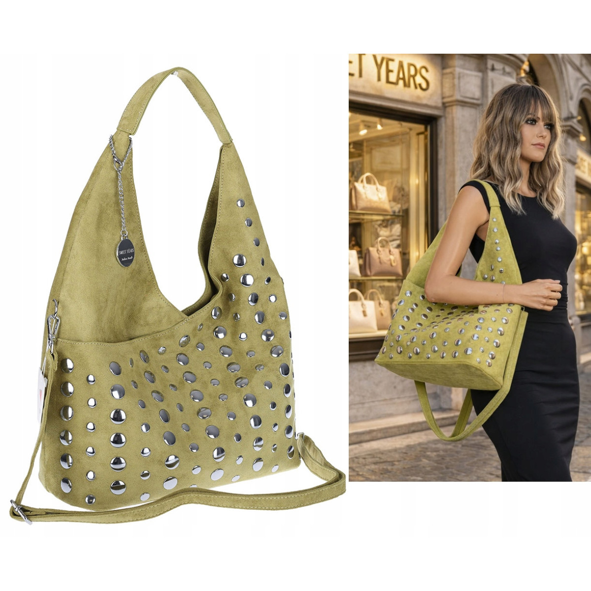 Torebka damska zamszowa worek pojemna A4 na ramię z ćwiekami S8117 Zielona