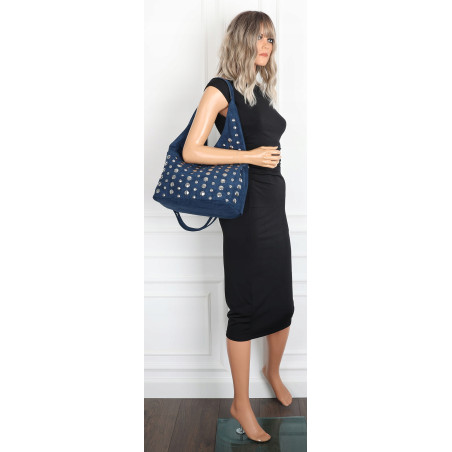 Torebka damska zamszowa worek pojemna na ramię z ćwiekami S8117 Niebieska