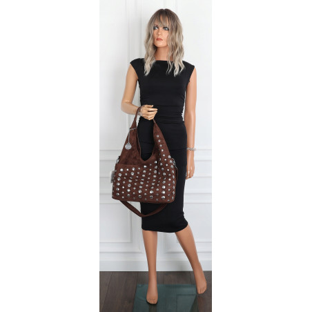 Torebka damska zamszowa worek pojemna na ramię z ćwiekami S8117 Czekoladowa