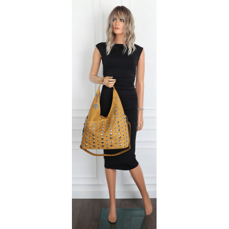 Torebka damska zamszowa worek pojemna A4 na ramię z ćwiekami S8117 Żółta