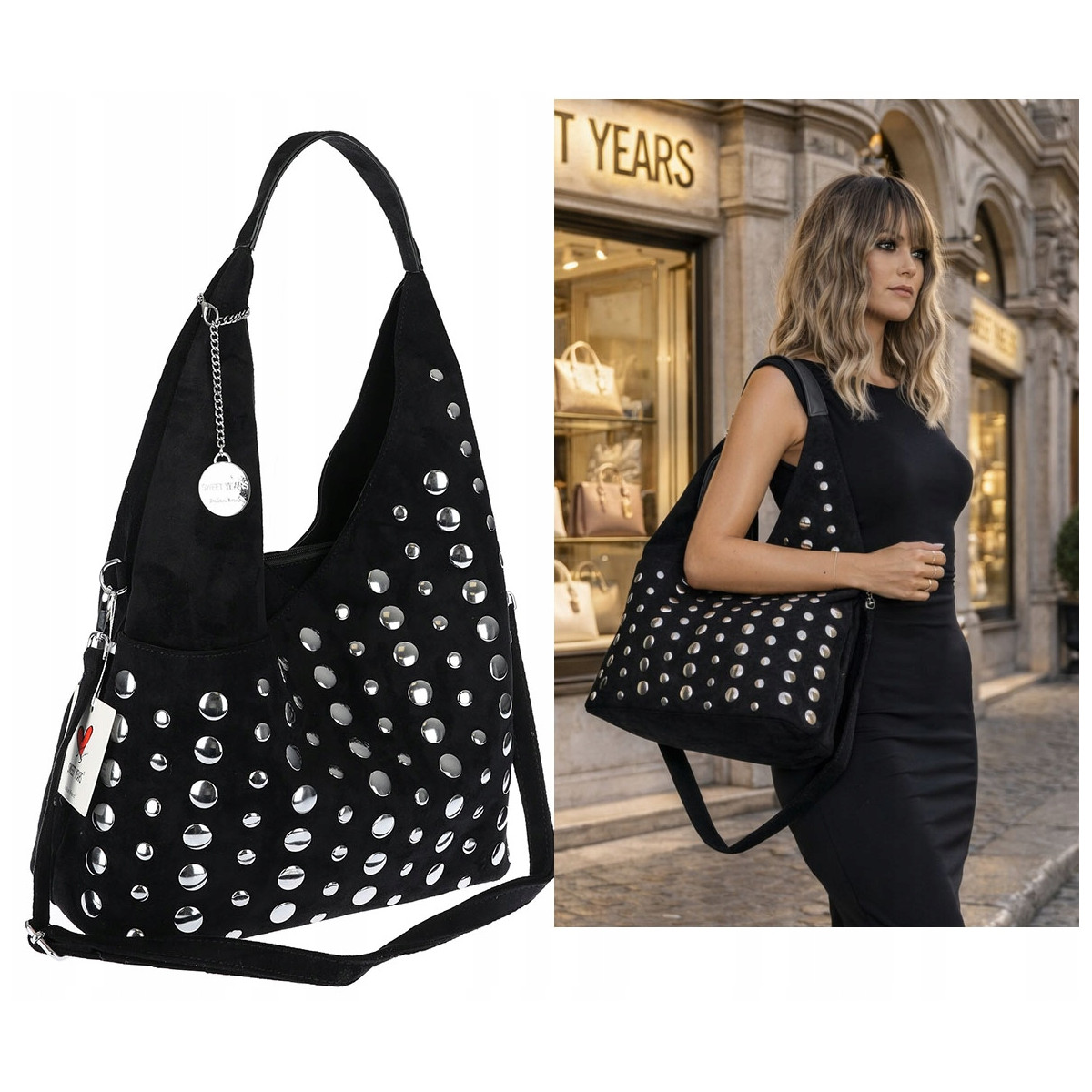 Torebka damska zamszowa worek pojemna A4 na ramię z ćwiekami S8117 Czarna