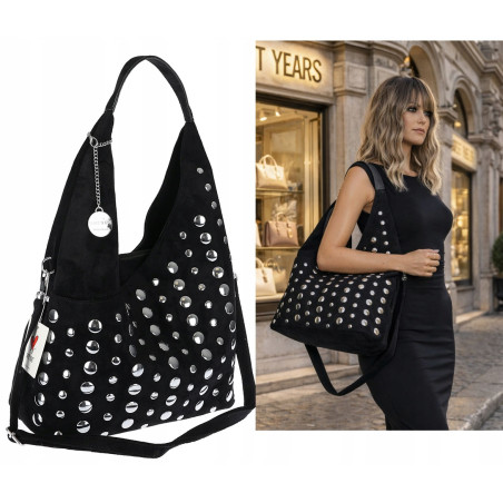 Torebka damska zamszowa worek pojemna A4 na ramię z ćwiekami S8117 Czarna