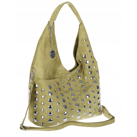 Torebka damska zamszowa worek pojemna A4 na ramię z ćwiekami S8117 Zielona