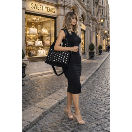 Torebka damska zamszowa worek pojemna A4 na ramię z ćwiekami S8117 Czarna