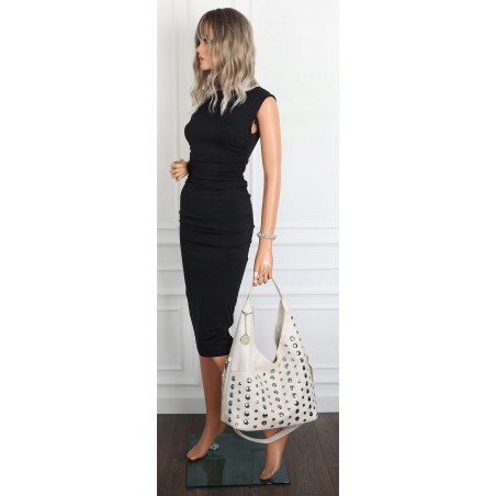 Torebka damska zamszowa worek pojemna A4 na ramię z ćwiekami S8117 Beżowa