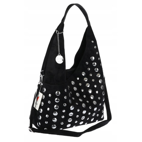 Torebka damska zamszowa worek pojemna A4 na ramię z ćwiekami S8117 Czarna