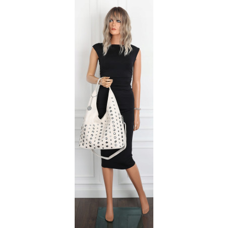 Torebka damska zamszowa worek pojemna A4 na ramię z ćwiekami S8117 Beżowa