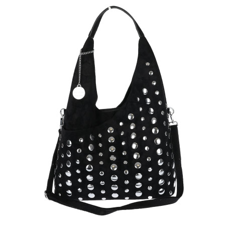 Torebka damska zamszowa worek pojemna A4 na ramię z ćwiekami S8117 Czarna