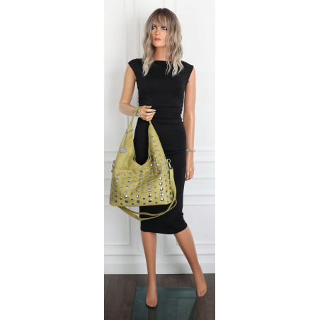 Torebka damska zamszowa worek pojemna A4 na ramię z ćwiekami S8117 Zielona