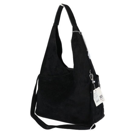 Torebka damska zamszowa worek pojemna A4 na ramię z ćwiekami S8117 Czarna