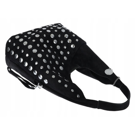 Torebka damska zamszowa worek pojemna A4 na ramię z ćwiekami S8117 Czarna