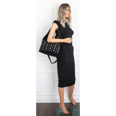 Torebka damska zamszowa worek pojemna A4 na ramię z ćwiekami S8117 Czarna