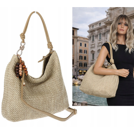 Torebka Damska Worek Shopper Torba na Ramię duża A4 pajemna N3573 Beżowa