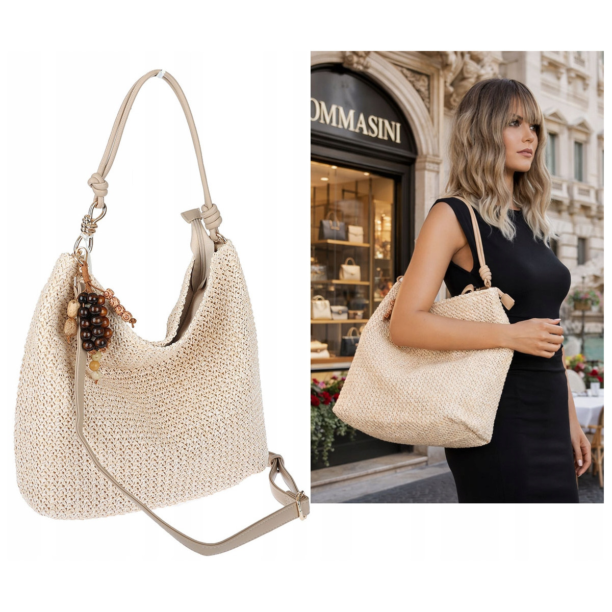 Torebka Damska Worek Shopper Torba na Ramię duża A4 pajemna N3573 Beżowa