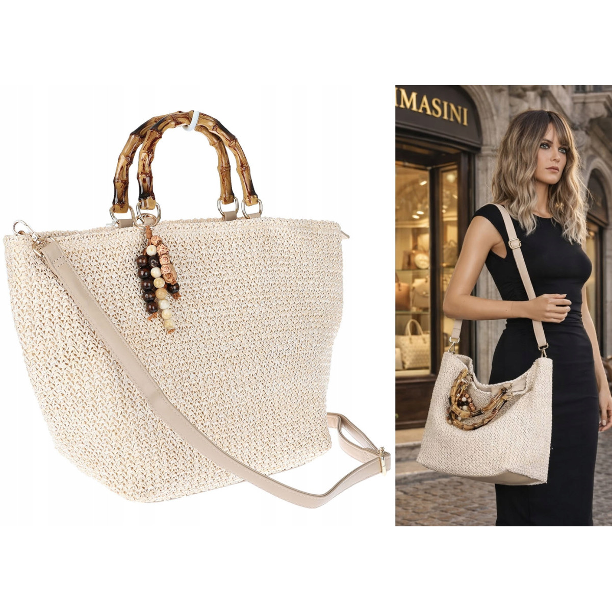 Torebka Damska Worek Shopper Torba duża pajemna listonoszka N2912 Beżowa