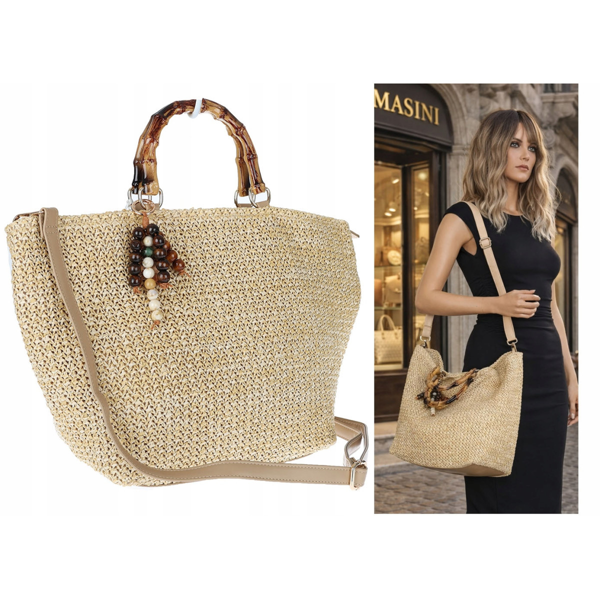 Torebka Damska Worek Shopper Torba duża pajemna listonoszka N2912 Beżowa