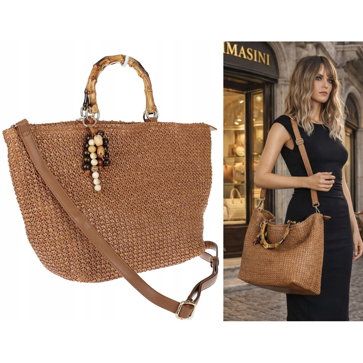 Torebka Damska Worek Shopper Torba duża pajemna listonoszka N2912 Brązowa