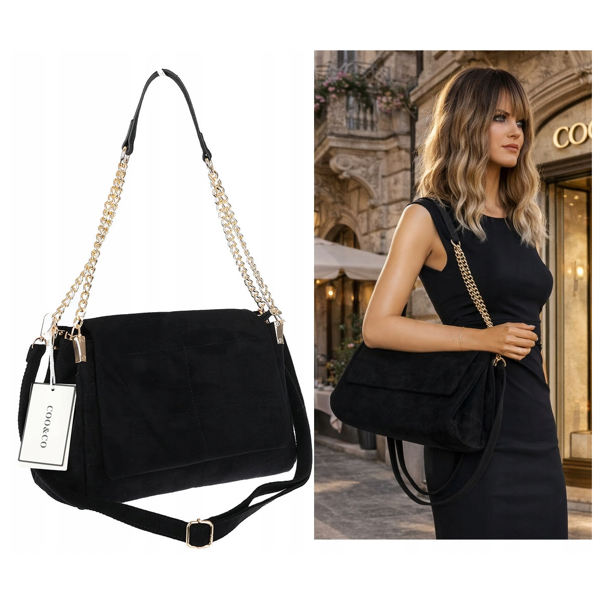 Torebka damska zamszowa pikowana shopper modna listonoszka 601276 Czarna