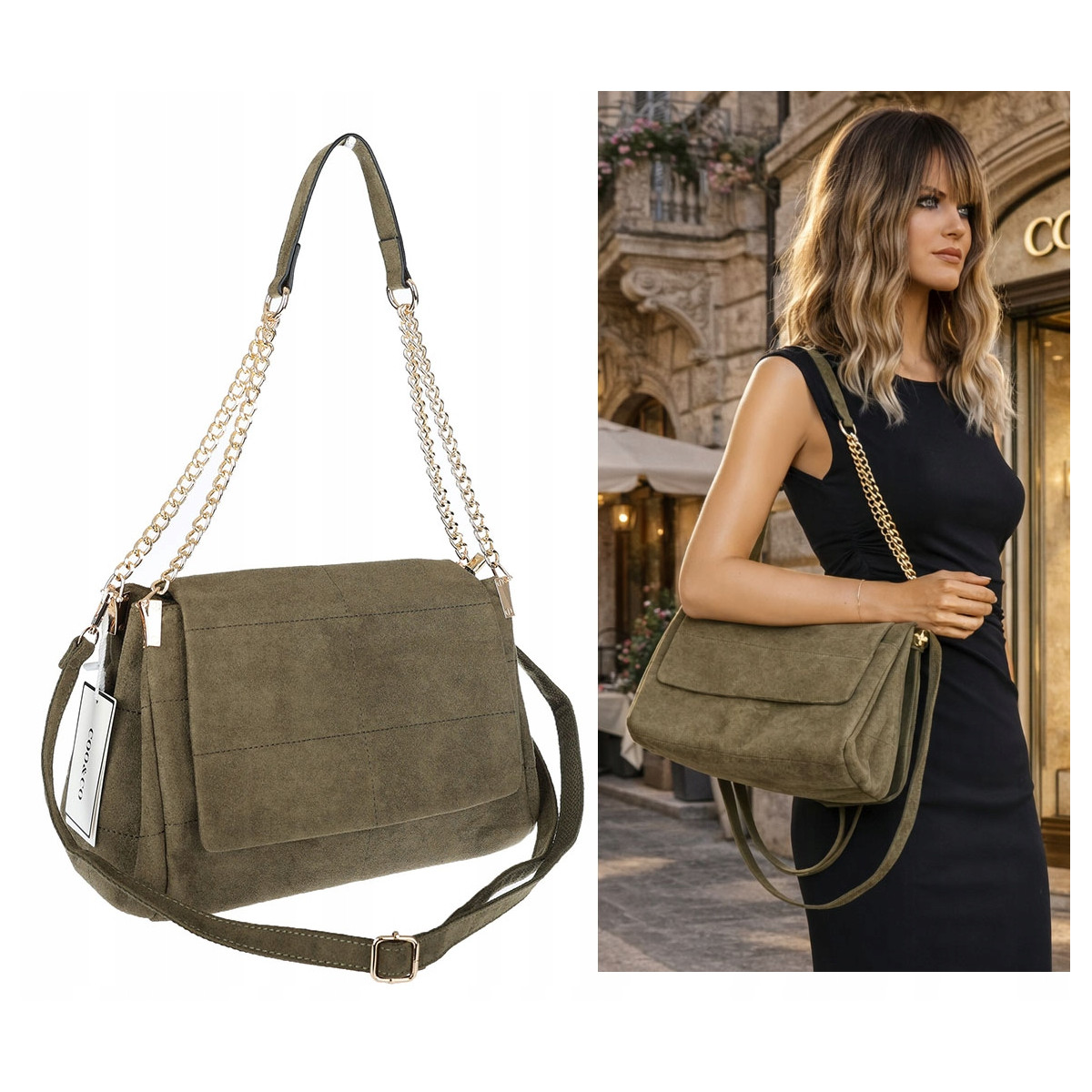 Torebka damska zamszowa pikowana shopper modna listonoszka 601276 Zielona