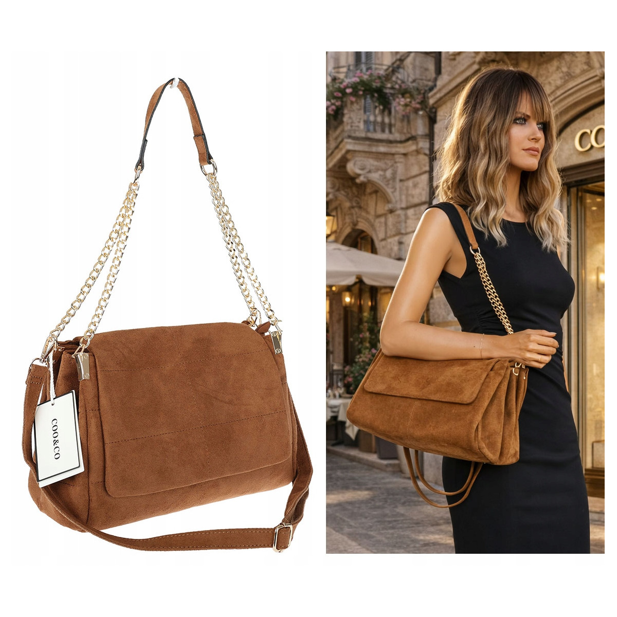 Torebka damska zamszowa pikowana shopper modna listonoszka 601276 Brązowa