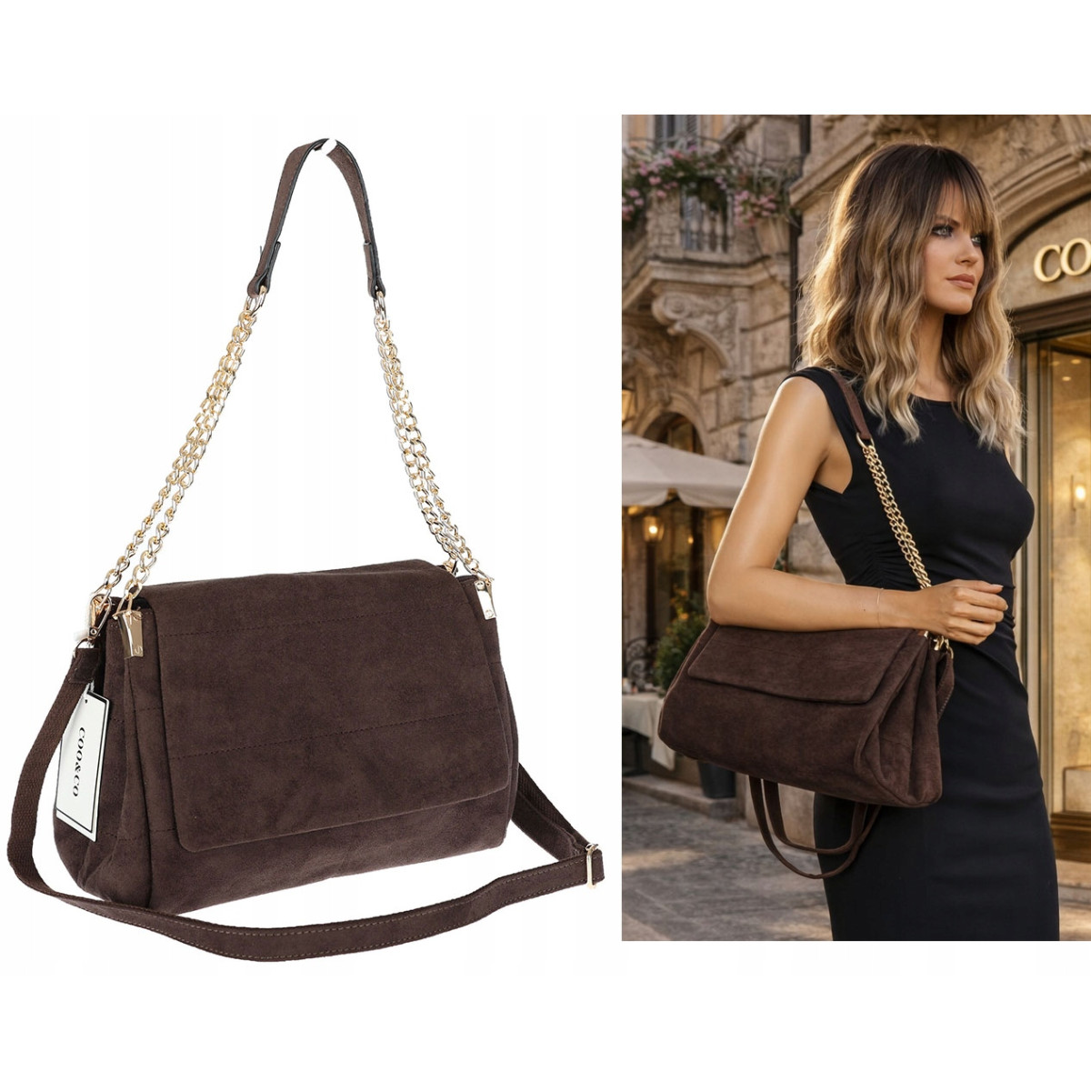 Torebka damska zamszowa pikowana shopper listonoszka 601276 Czekoladowa