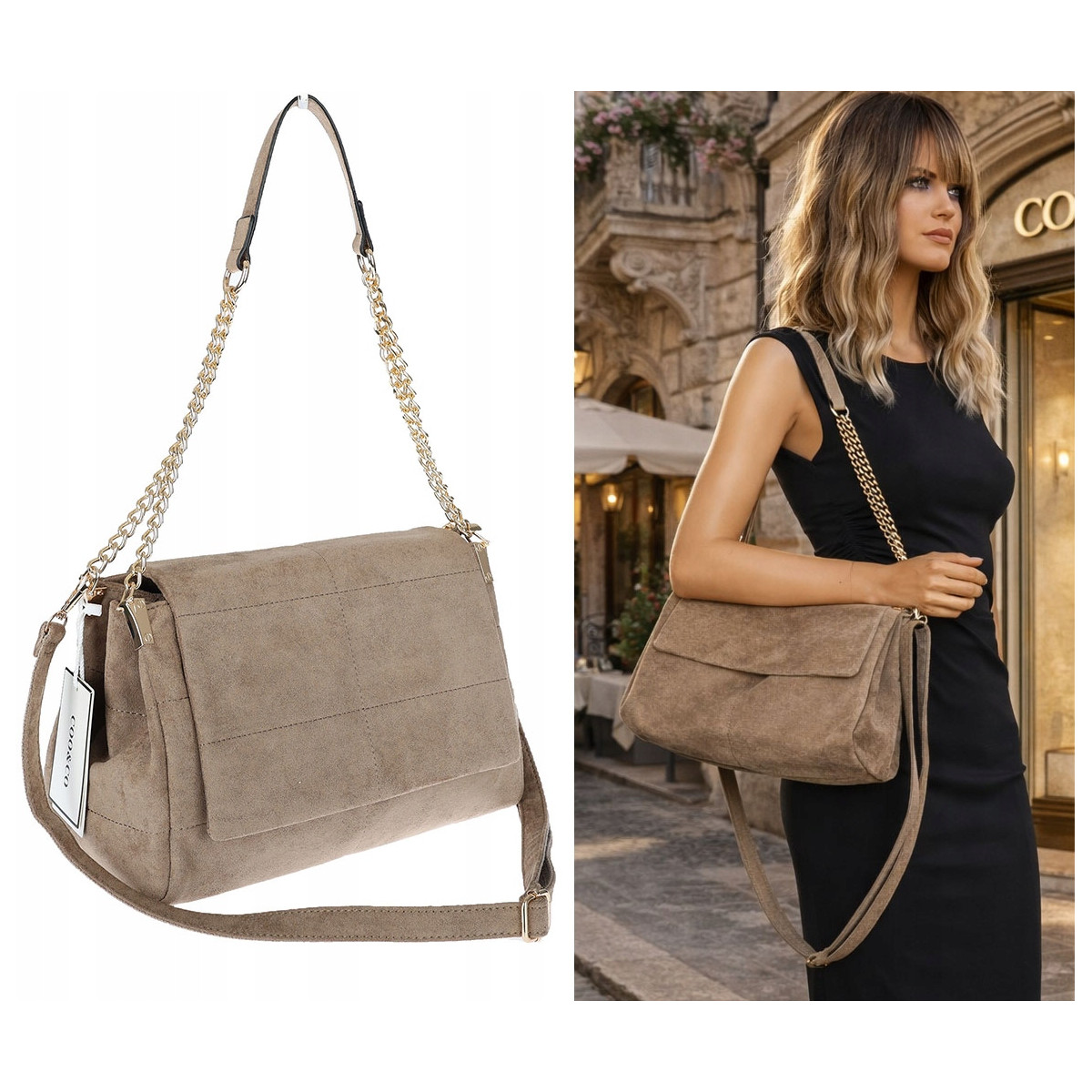 Torebka damska zamszowa pikowana shopper modna listonoszka 601276 Beżowa