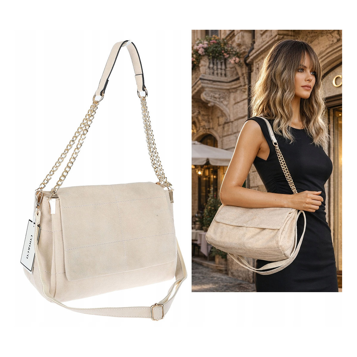 Torebka damska zamszowa pikowana shopper modna listonoszka 601276 Beżowa